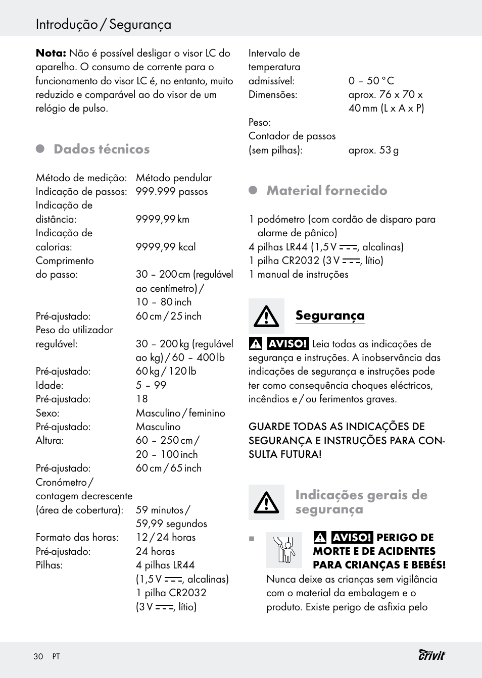 Introdução / segurança, Dados técnicos, Material fornecido | Segurança, Indicações gerais de segurança | Crivit H14347 User Manual | Page 30 / 61