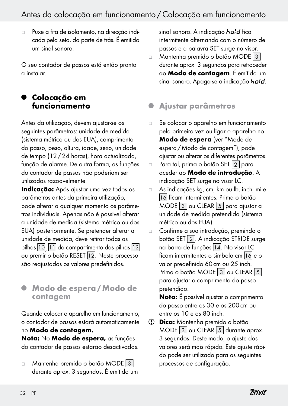 Colocação em funcionamento, Modo de espera / modo de contagem, Ajustar parâmetros | Crivit H14347 User Manual | Page 32 / 61