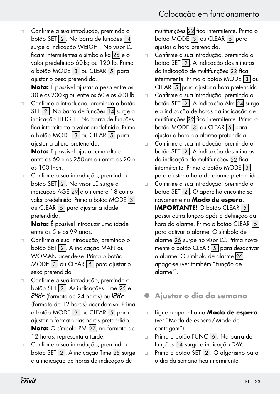 Colocação em funcionamento, Ajustar o dia da semana | Crivit H14347 User Manual | Page 33 / 61