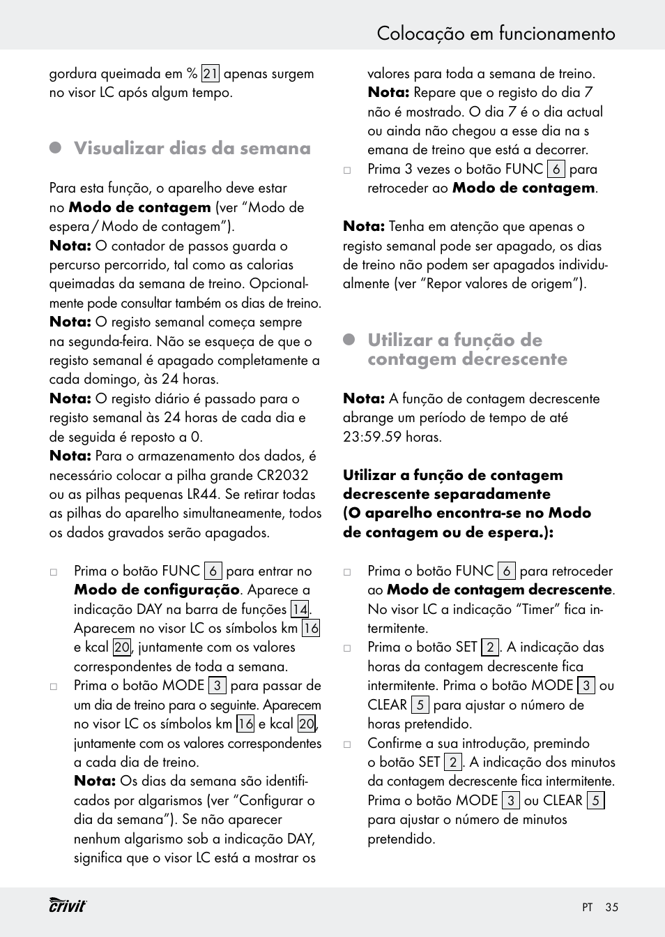 Colocação em funcionamento, Visualizar dias da semana, Utilizar a função de contagem decrescente | Crivit H14347 User Manual | Page 35 / 61