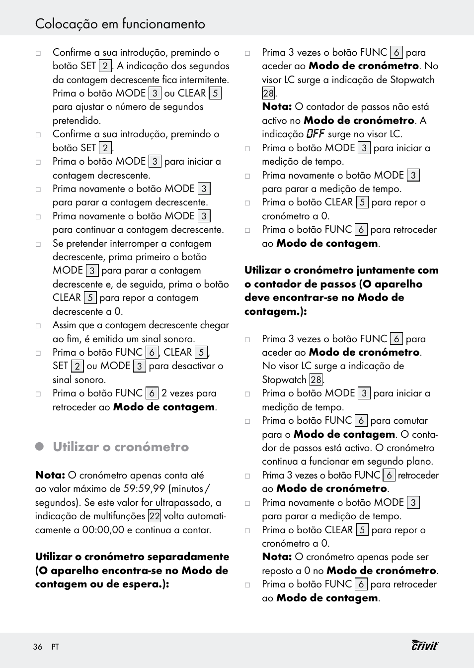 Colocação em funcionamento, Utilizar o cronómetro | Crivit H14347 User Manual | Page 36 / 61