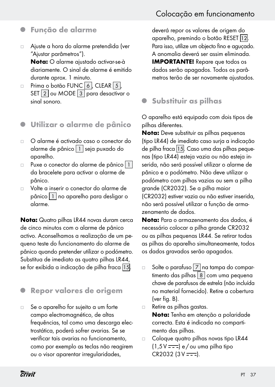 Colocação em funcionamento, Função de alarme, Utilizar o alarme de pânico | Repor valores de origem, Substituir as pilhas | Crivit H14347 User Manual | Page 37 / 61