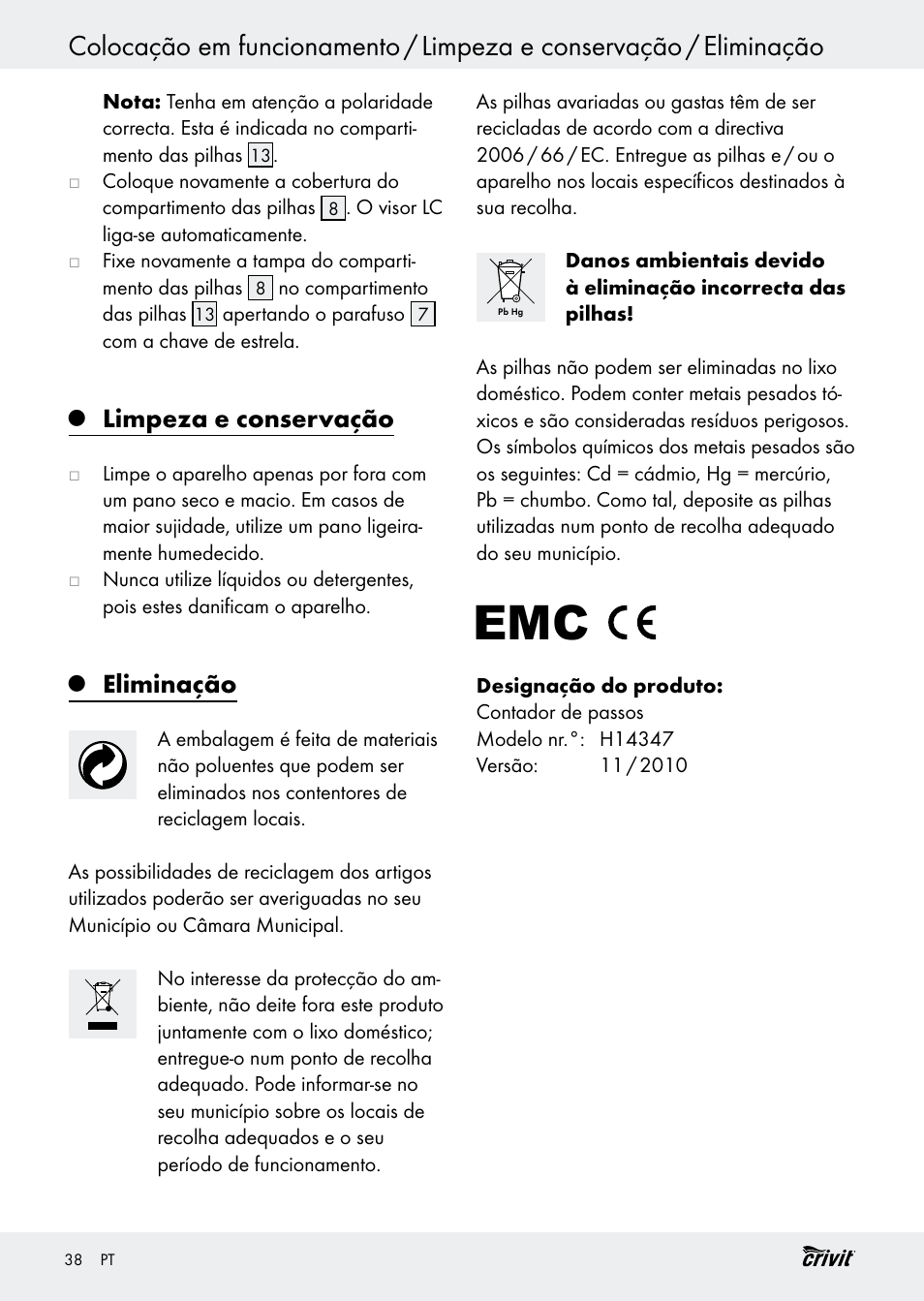 Limpeza e conservação, Eliminação | Crivit H14347 User Manual | Page 38 / 61