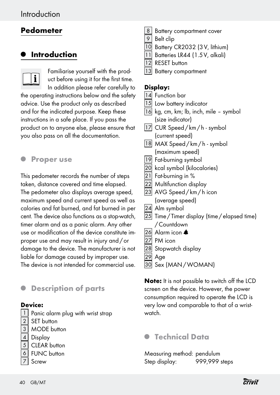 Introduction, Pedometer, Proper use | Description of parts, Technical data | Crivit H14347 User Manual | Page 40 / 61