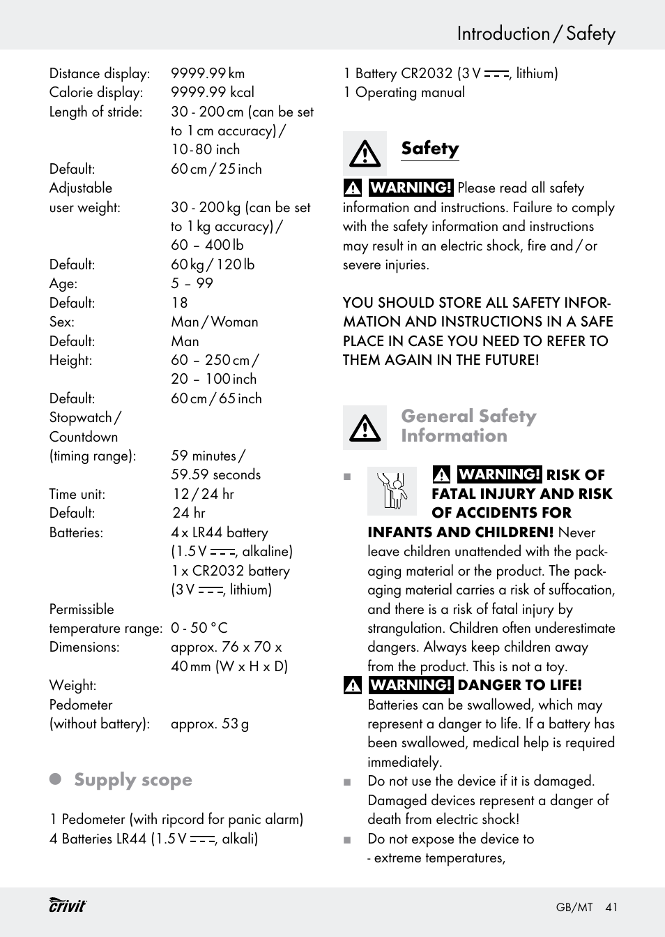 Introduction / safety, Supply scope, Safety | General safety information | Crivit H14347 User Manual | Page 41 / 61
