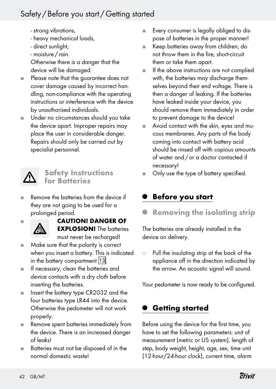 Safety / before you start / getting started, Safety instructions for batteries, Before you start | Removing the isolating strip, Getting started | Crivit H14347 User Manual | Page 42 / 61