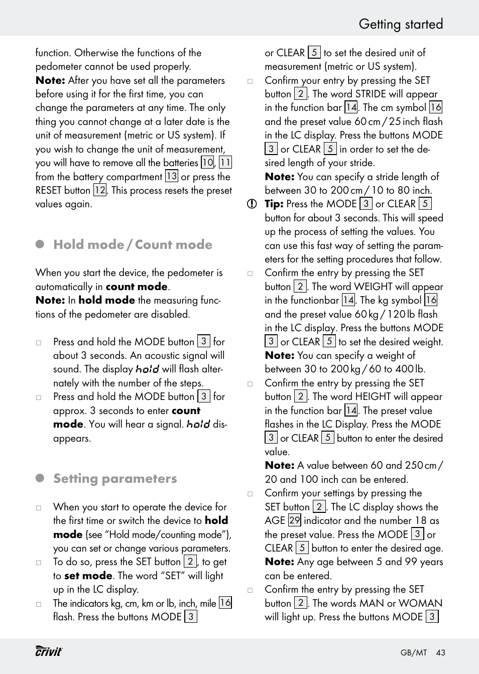 Getting started, Hold mode / count mode, Setting parameters | Crivit H14347 User Manual | Page 43 / 61