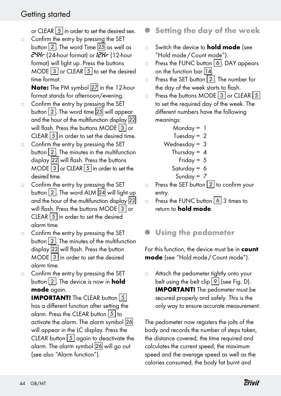 Getting started, Setting the day of the week, Using the pedometer | Crivit H14347 User Manual | Page 44 / 61