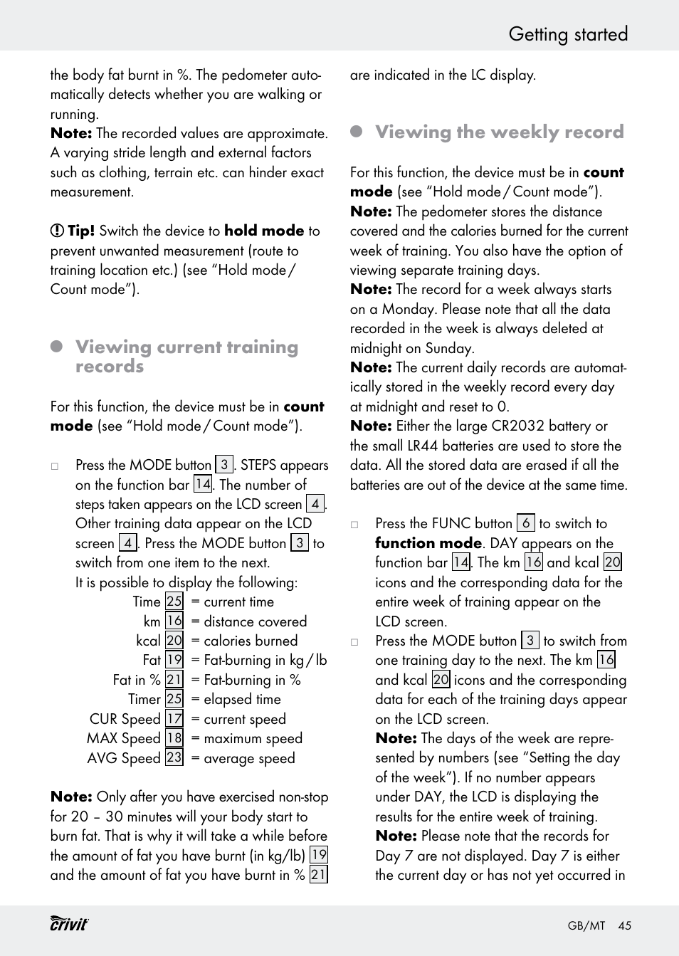 Getting started, Viewing current training records, Viewing the weekly record | Crivit H14347 User Manual | Page 45 / 61