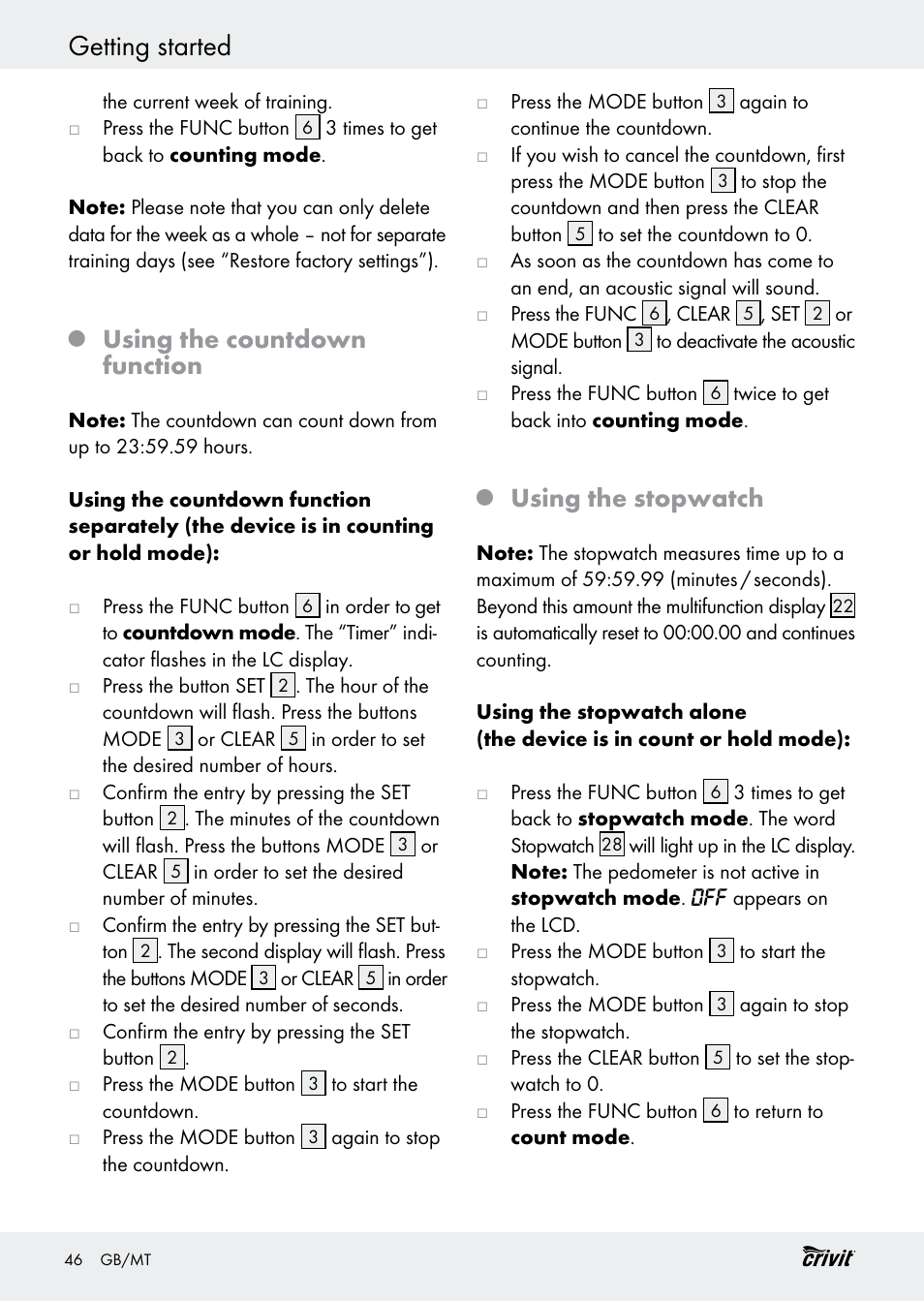 Getting started, Using the countdown function, Using the stopwatch | Crivit H14347 User Manual | Page 46 / 61
