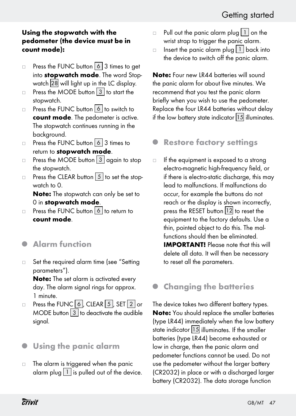 Getting started, Alarm function, Using the panic alarm | Restore factory settings, Changing the batteries | Crivit H14347 User Manual | Page 47 / 61