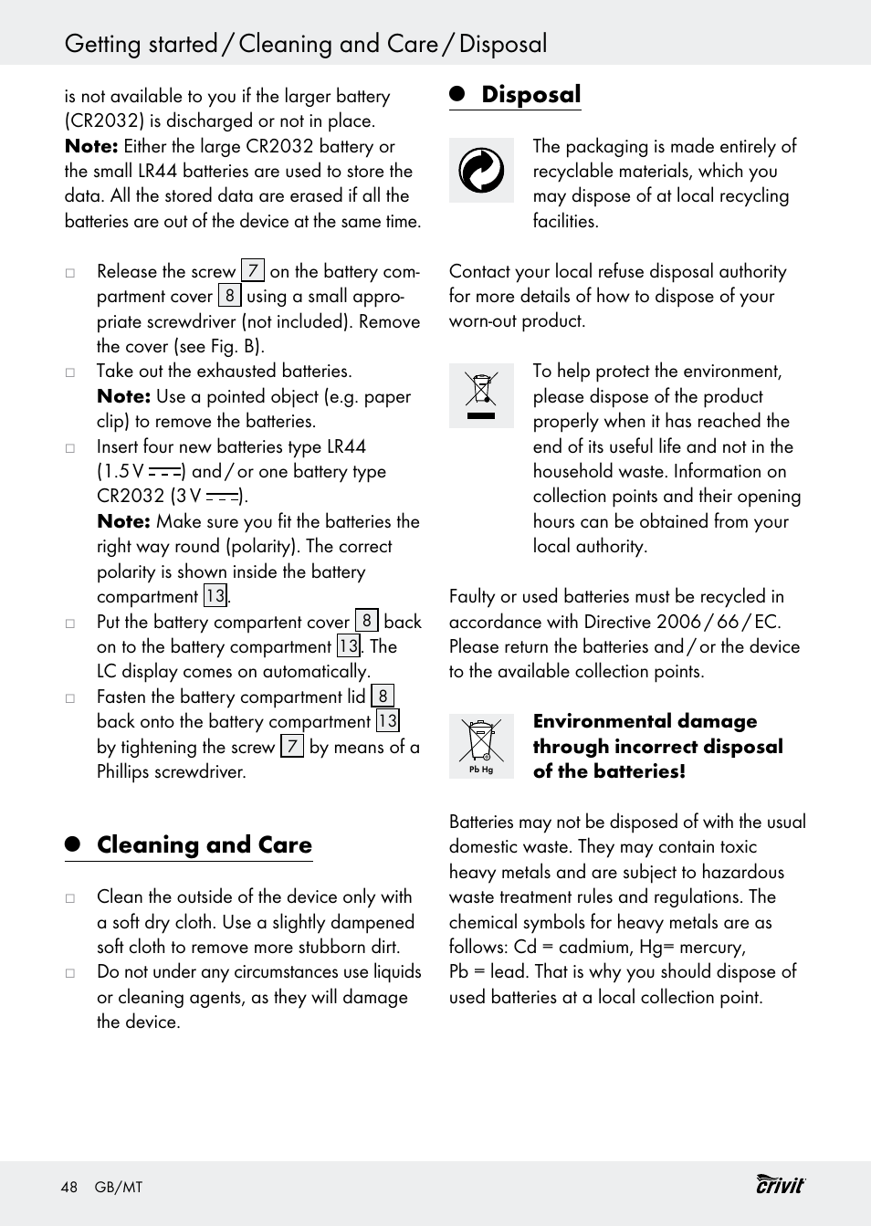 Getting started / cleaning and care / disposal, Cleaning and care, Disposal | Crivit H14347 User Manual | Page 48 / 61
