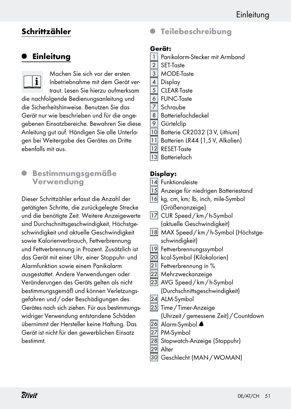 Einleitung, Schrittzähler, Bestimmungsgemäße verwendung | Teilebeschreibung | Crivit H14347 User Manual | Page 51 / 61