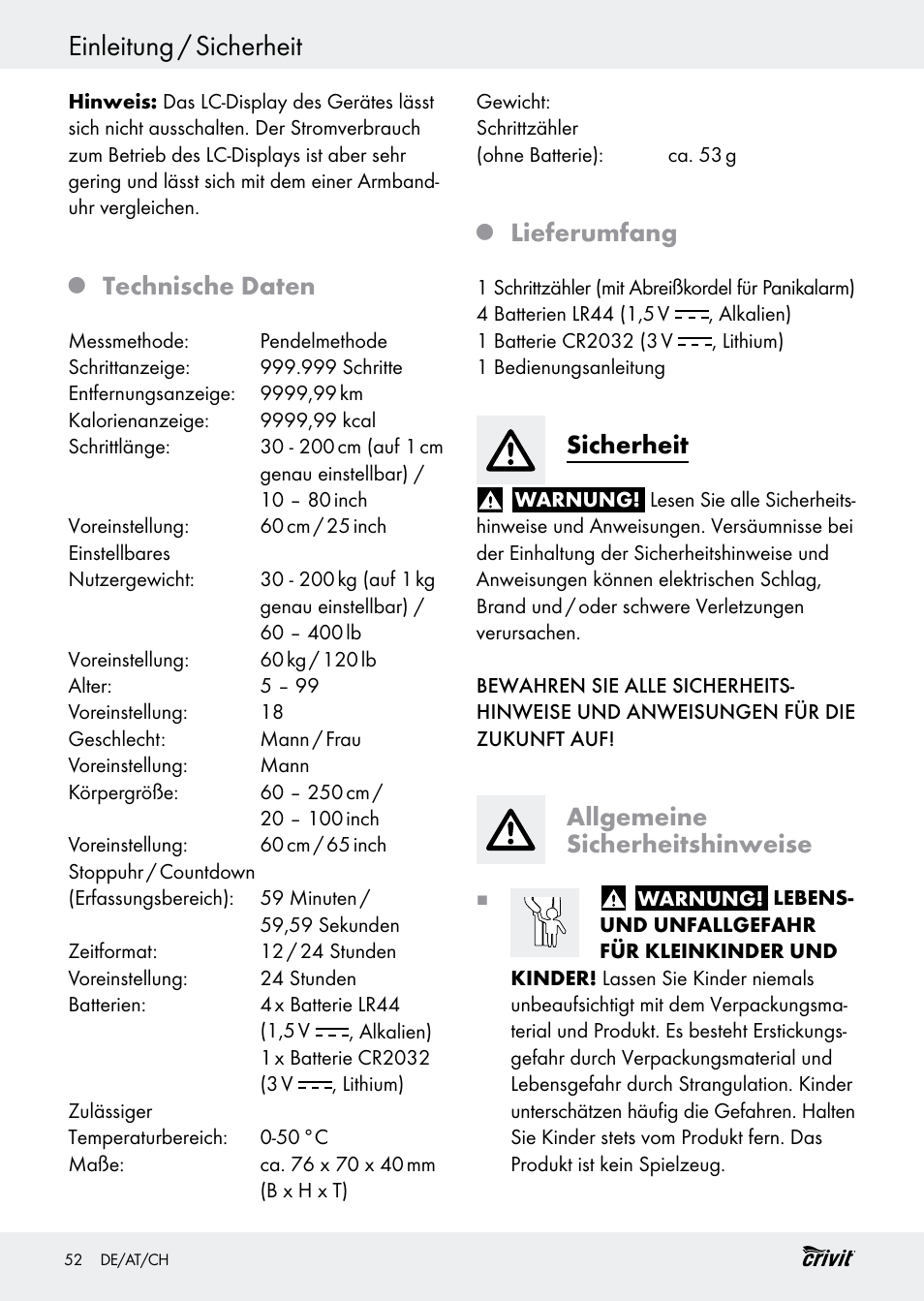 Einleitung / sicherheit, Technische daten, Lieferumfang | Sicherheit, Allgemeine sicherheitshinweise | Crivit H14347 User Manual | Page 52 / 61