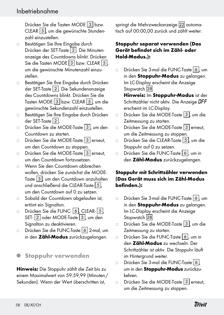 Inbetriebnahme, Stoppuhr verwenden | Crivit H14347 User Manual | Page 58 / 61