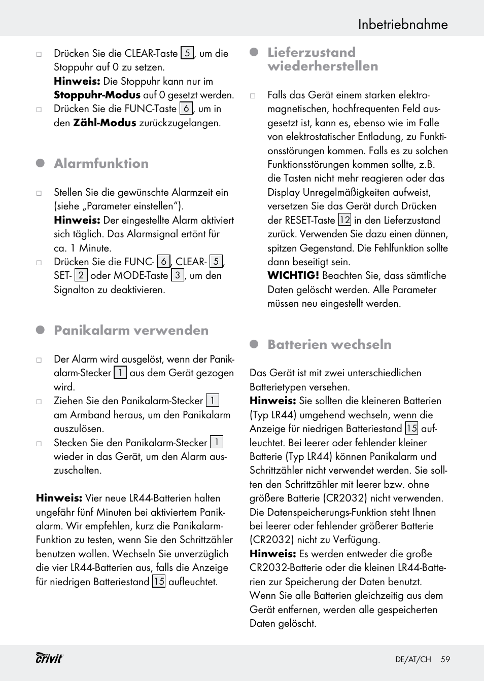 Inbetriebnahme, Alarmfunktion, Panikalarm verwenden | Lieferzustand wiederherstellen, Batterien wechseln | Crivit H14347 User Manual | Page 59 / 61