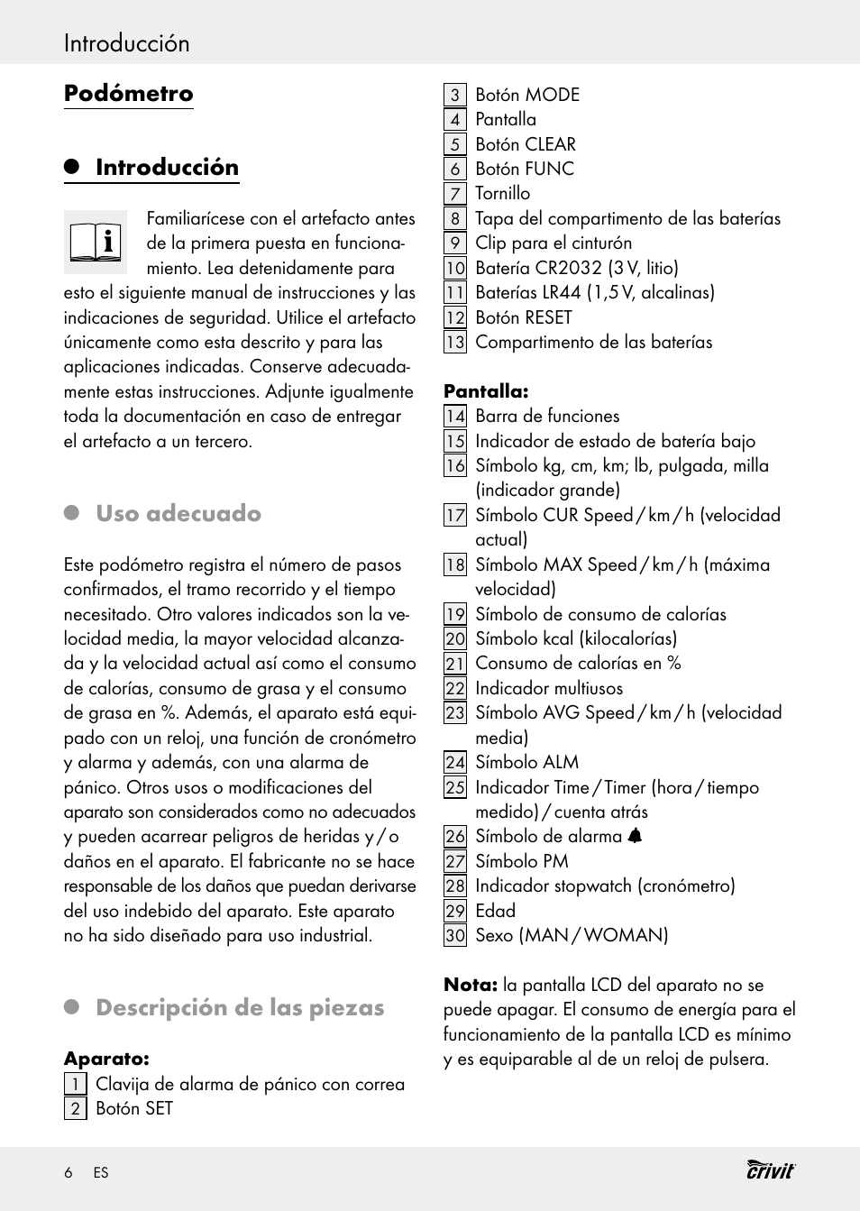Introducción, Podómetro, Uso adecuado | Descripción de las piezas | Crivit H14347 User Manual | Page 6 / 61