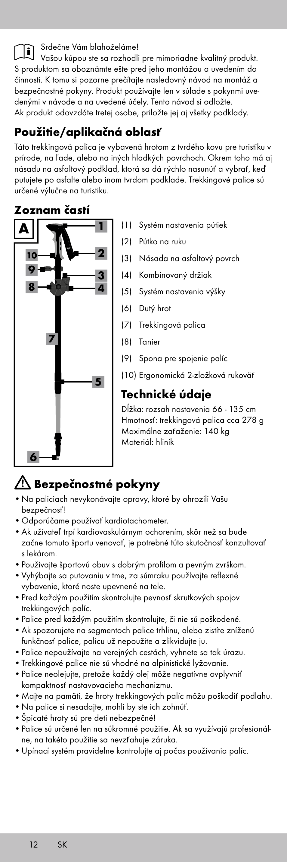 Použitie/aplikačná oblasť, Zoznam častí, Technické údaje | Bezpečnostné pokyny | Crivit TR-1716 User Manual | Page 12 / 28