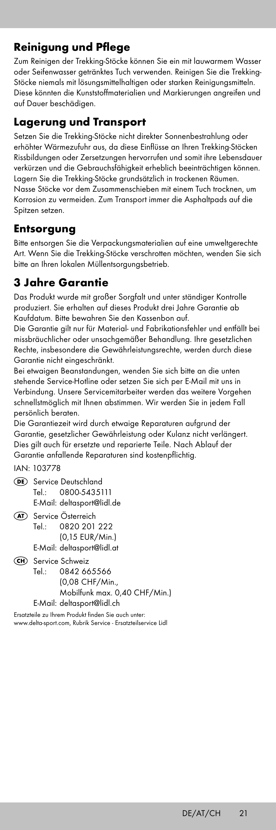 Reinigung und pflege, Lagerung und transport, Entsorgung | 3 jahre garantie | Crivit TR-1716 User Manual | Page 21 / 28