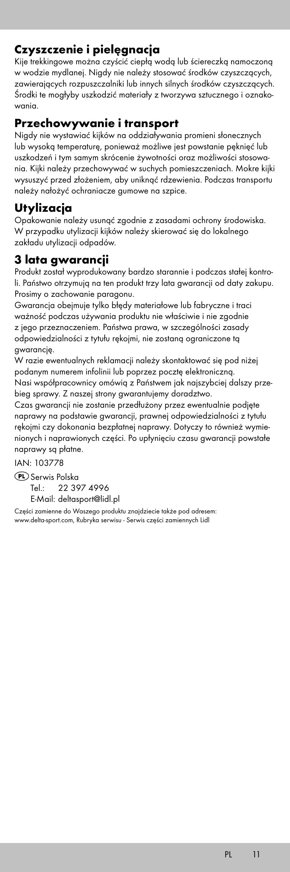 Czyszczenie i pielęgnacja, Przechowywanie i transport, Utylizacja | 3 lata gwarancji | Crivit TR-1716 User Manual | Page 11 / 28