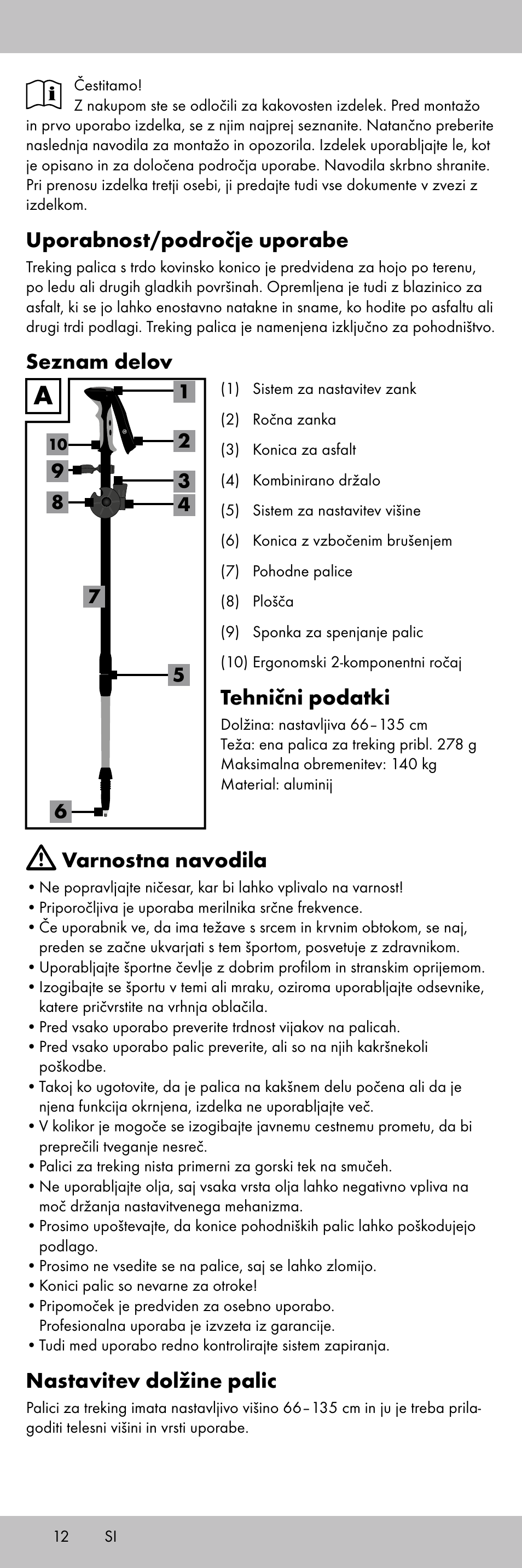 Uporabnost/področje uporabe, Seznam delov, Tehnični podatki | Varnostna navodila, Nastavitev dolžine palic | Crivit TR-1716 User Manual | Page 12 / 28