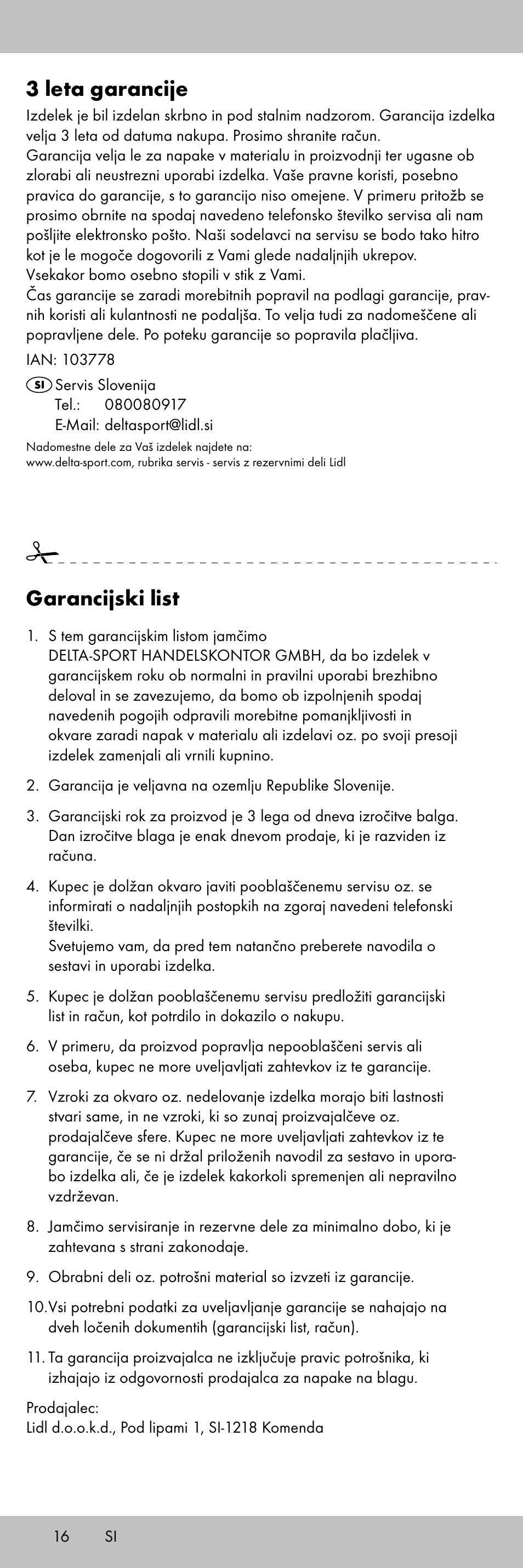 3 leta garancije, Garancijski list | Crivit TR-1716 User Manual | Page 16 / 28
