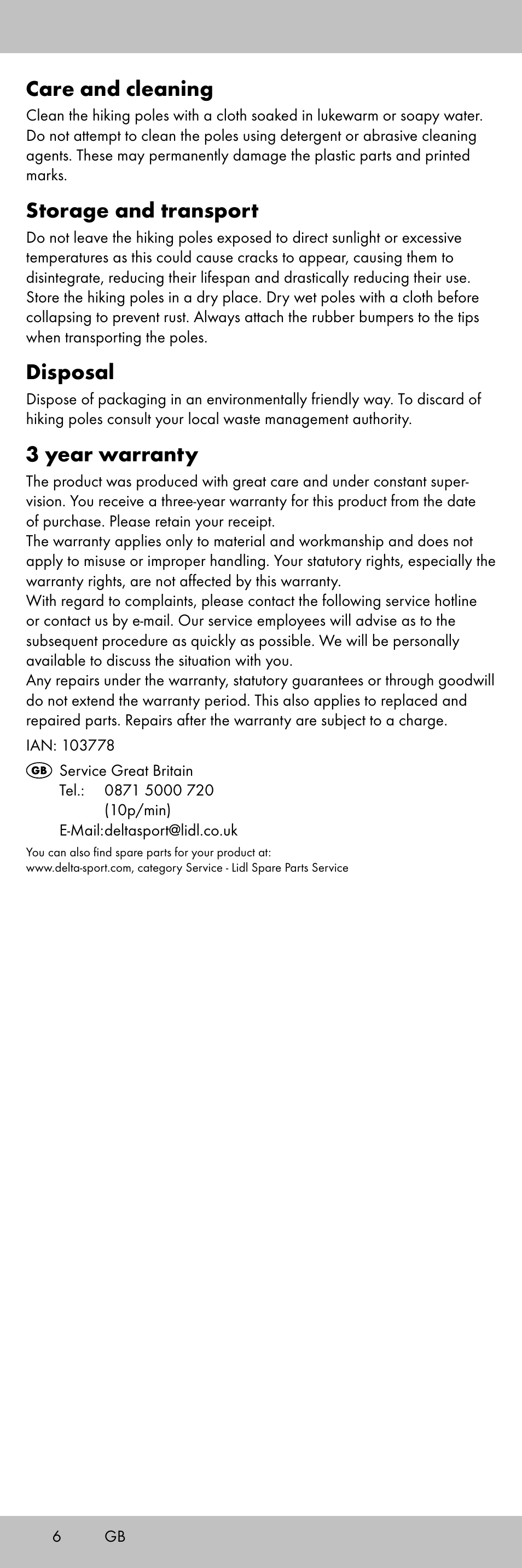 Care and cleaning, Storage and transport, Disposal | 3 year warranty | Crivit TR-1716 User Manual | Page 6 / 28