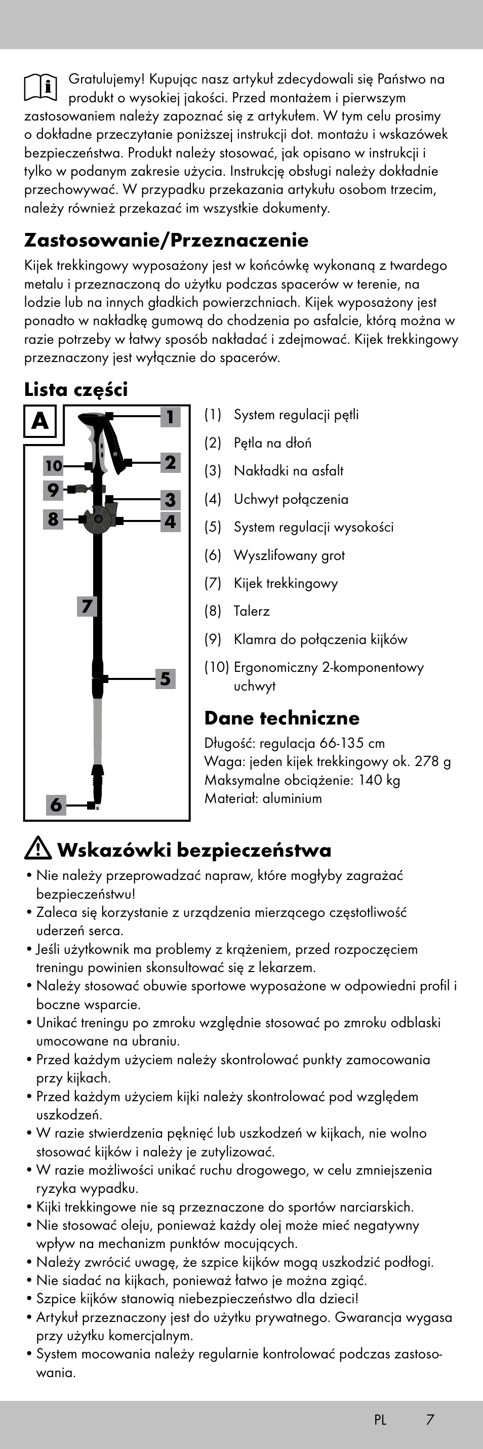 Zastosowanie/przeznaczenie, Lista części, Dane techniczne | Wskazówki bezpieczeństwa | Crivit TR-1716 User Manual | Page 7 / 28