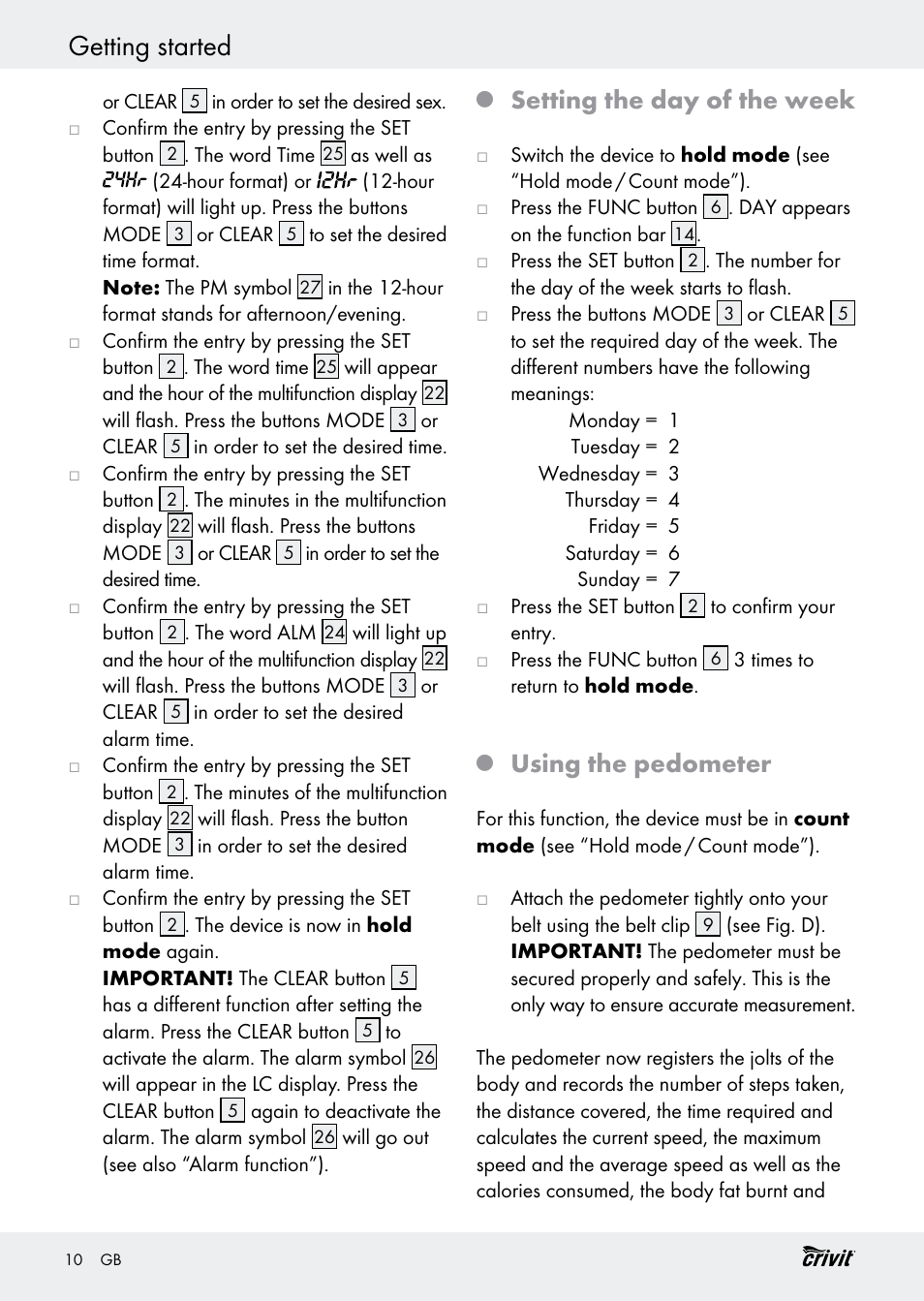 Getting started, Setting the day of the week, Using the pedometer | Crivit H14347 User Manual | Page 10 / 83