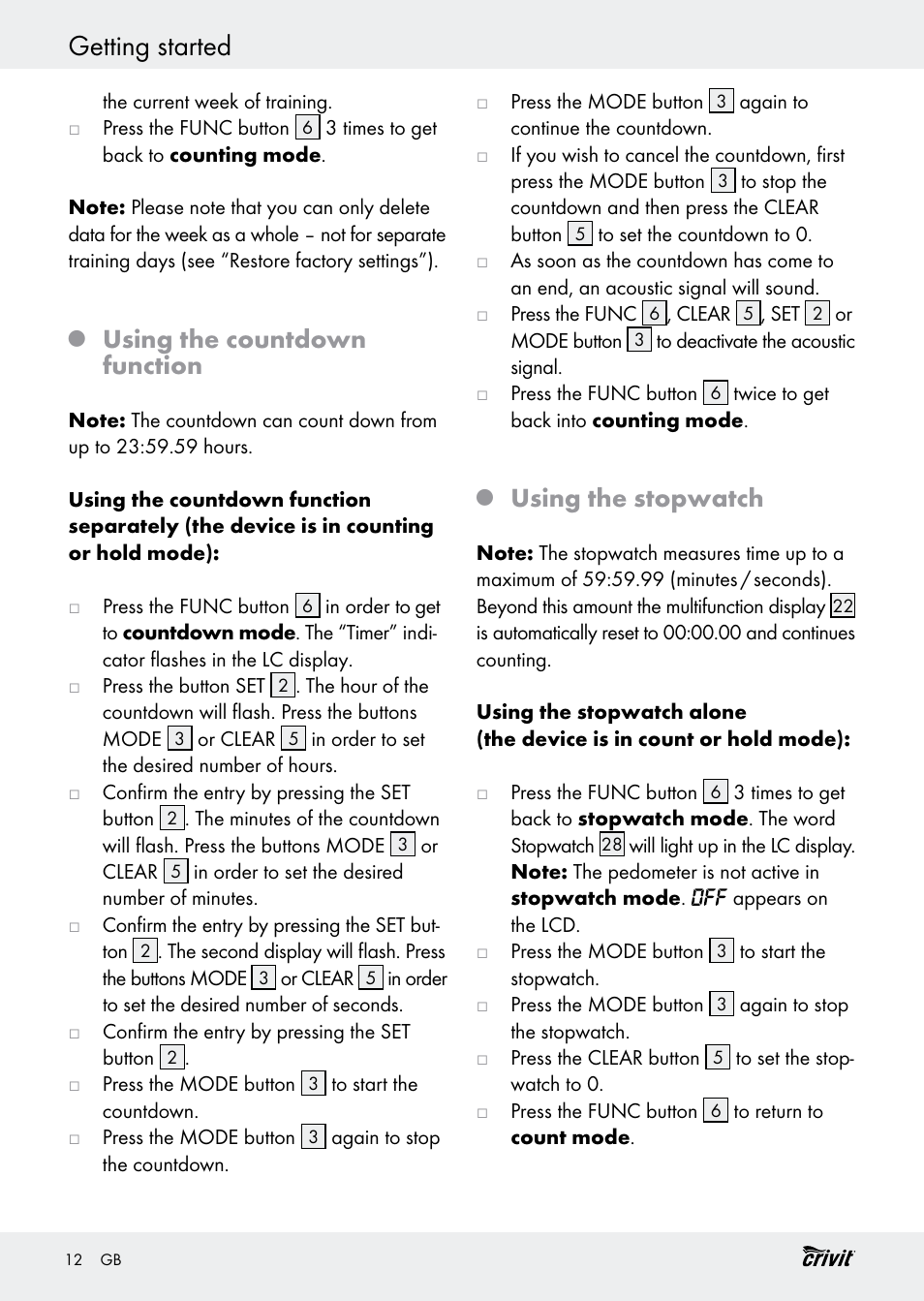 Getting started, Using the countdown function, Using the stopwatch | Crivit H14347 User Manual | Page 12 / 83