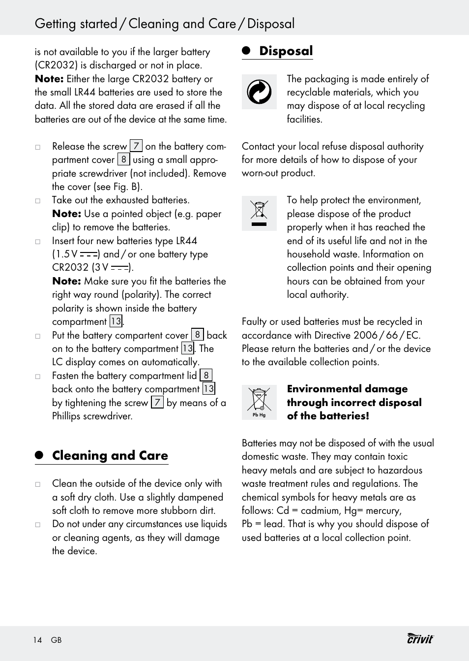 Getting started / cleaning and care / disposal, Cleaning and care, Disposal | Crivit H14347 User Manual | Page 14 / 83