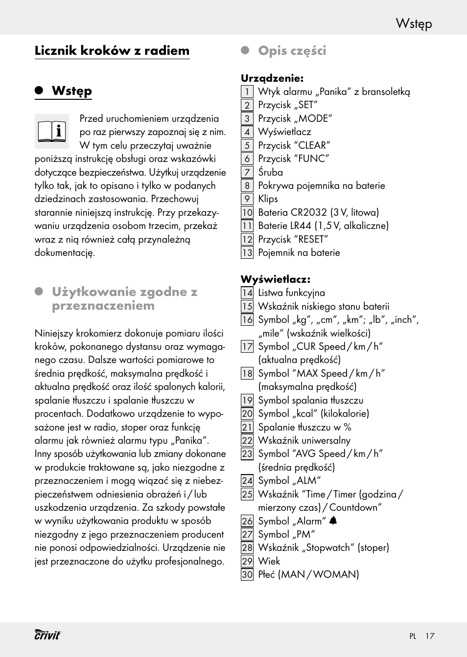 Wstęp, Licznik kroków z radiem, Użytkowanie zgodne z przeznaczeniem | Opis części | Crivit H14347 User Manual | Page 17 / 83