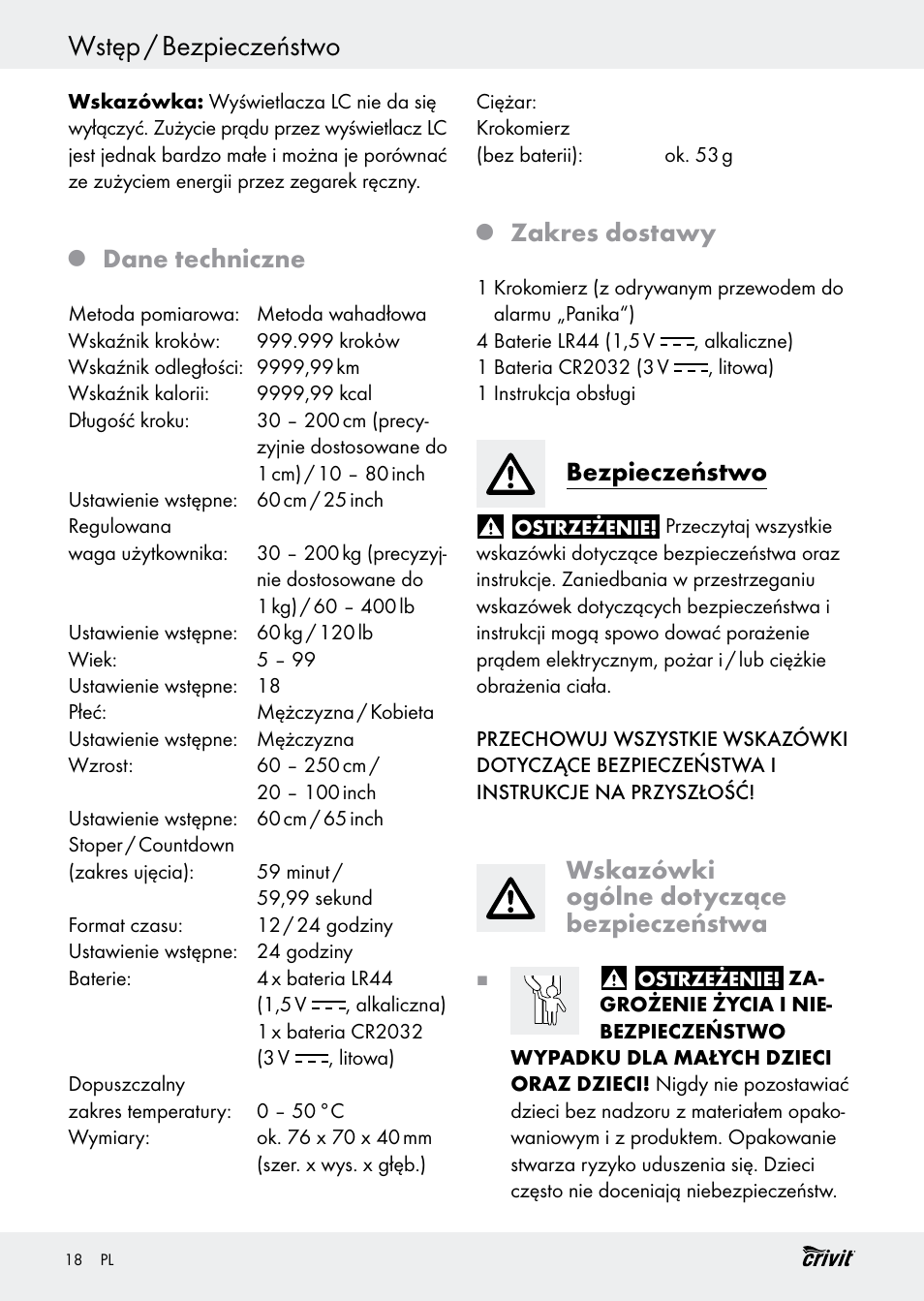 Wstęp / bezpieczeństwo, Dane techniczne, Zakres dostawy | Bezpieczeństwo, Wskazówki ogólne dotyczące bezpieczeństwa | Crivit H14347 User Manual | Page 18 / 83