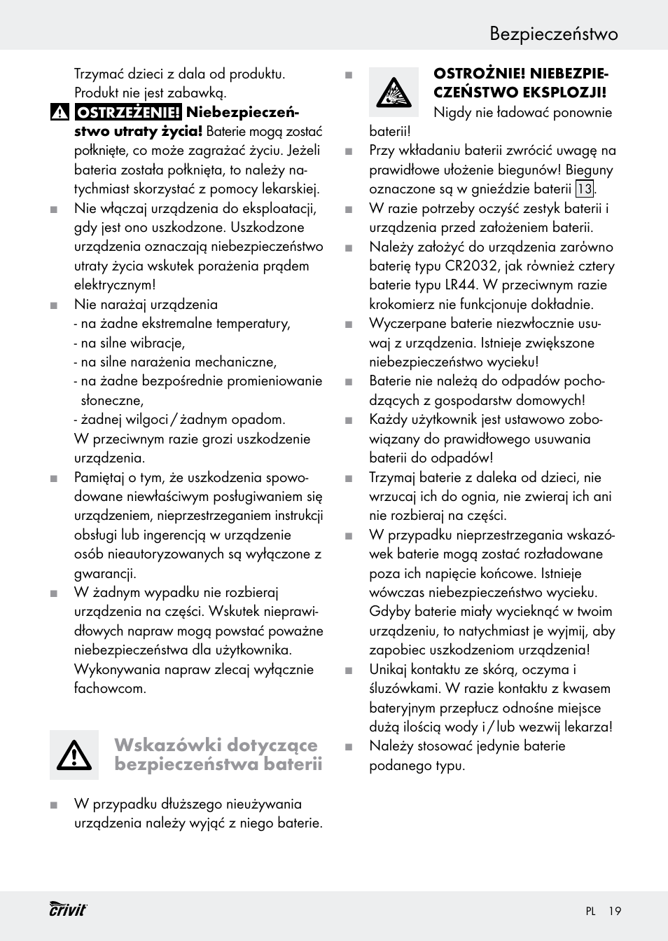 Bezpieczeństwo, Wskazówki dotyczące bezpieczeństwa baterii | Crivit H14347 User Manual | Page 19 / 83