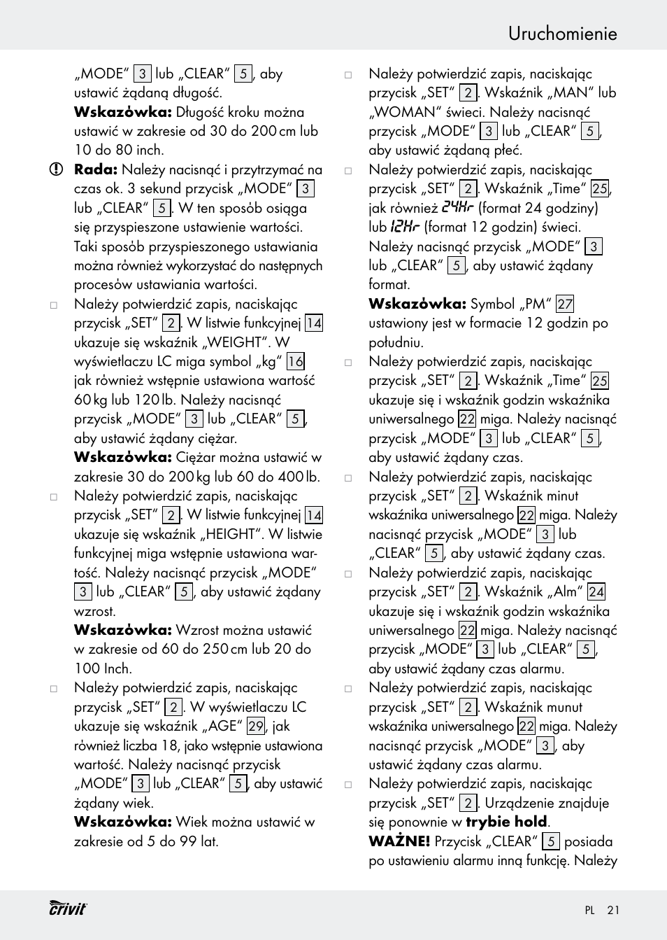 Uruchomienie | Crivit H14347 User Manual | Page 21 / 83