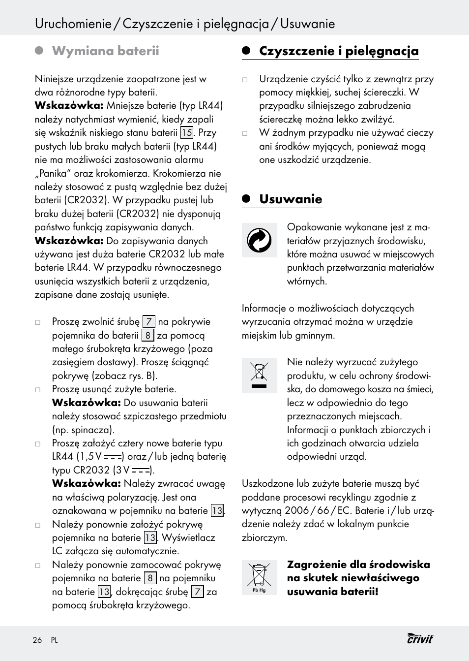 Wymiana baterii, Czyszczenie i pielęgnacja, Usuwanie | Crivit H14347 User Manual | Page 26 / 83