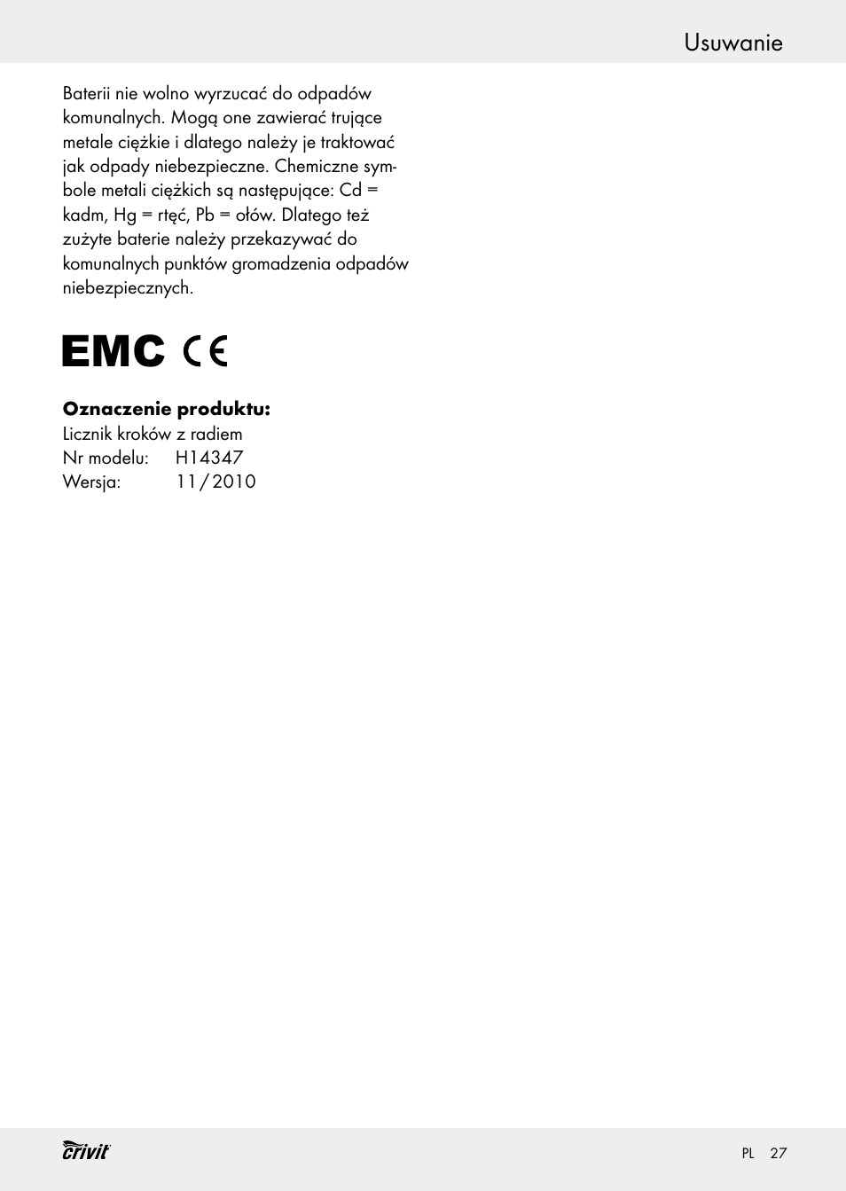 Usuwanie | Crivit H14347 User Manual | Page 27 / 83
