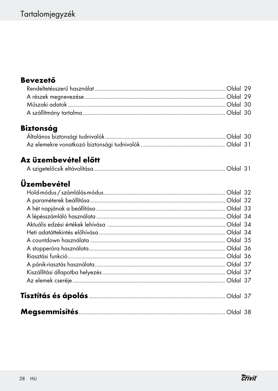 Tartalomjegyzék | Crivit H14347 User Manual | Page 28 / 83