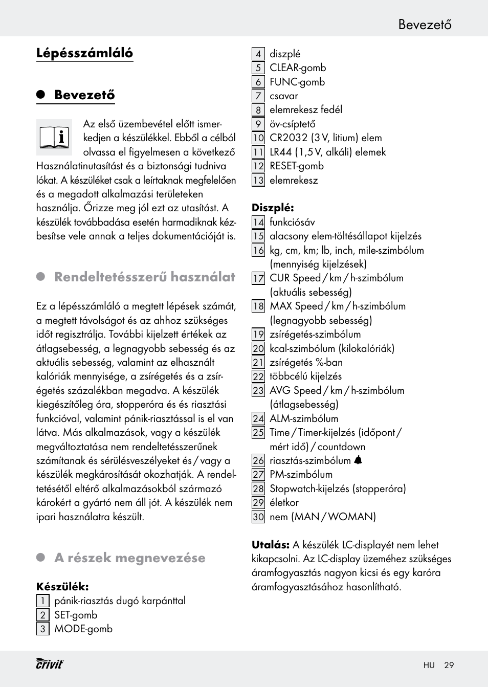 Bevezető, Lépésszámláló, Rendeltetésszerű használat | A részek megnevezése | Crivit H14347 User Manual | Page 29 / 83