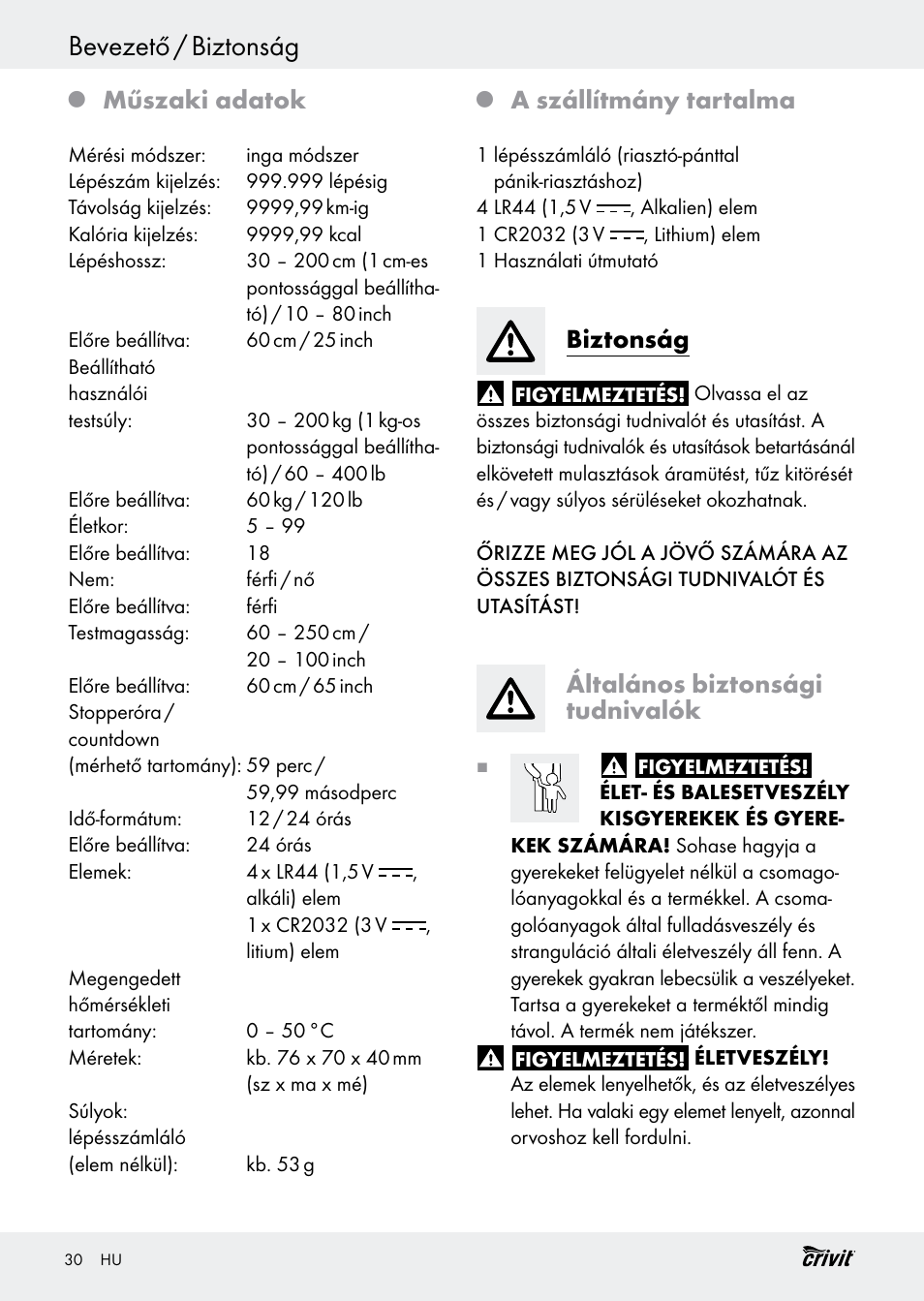 Bevezető / biztonság, Műszaki adatok, A szállítmány tartalma | Biztonság, Általános biztonsági tudnivalók | Crivit H14347 User Manual | Page 30 / 83