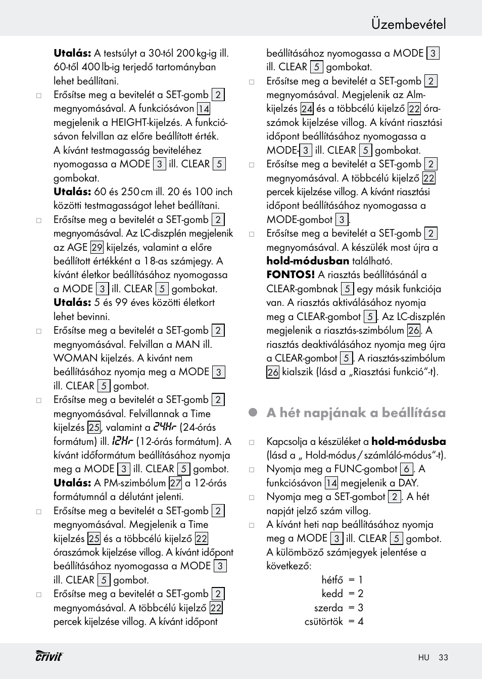 Üzembevétel, A hét napjának a beállítása | Crivit H14347 User Manual | Page 33 / 83