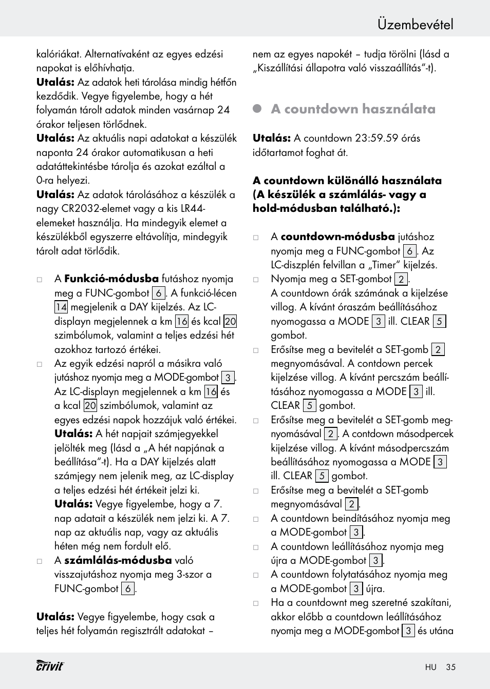 Üzembevétel, A countdown használata | Crivit H14347 User Manual | Page 35 / 83