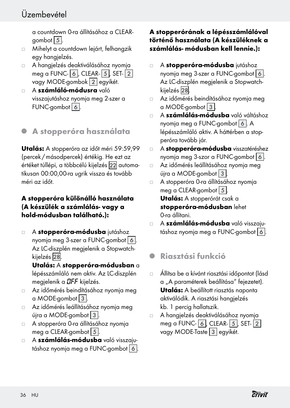 Üzembevétel, A stopperóra használata, Riasztási funkció | Crivit H14347 User Manual | Page 36 / 83