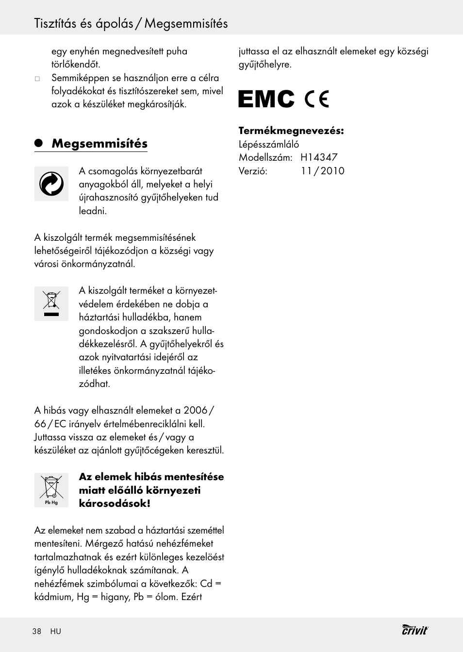 Tisztítás és ápolás / megsemmisítés, Megsemmisítés | Crivit H14347 User Manual | Page 38 / 83