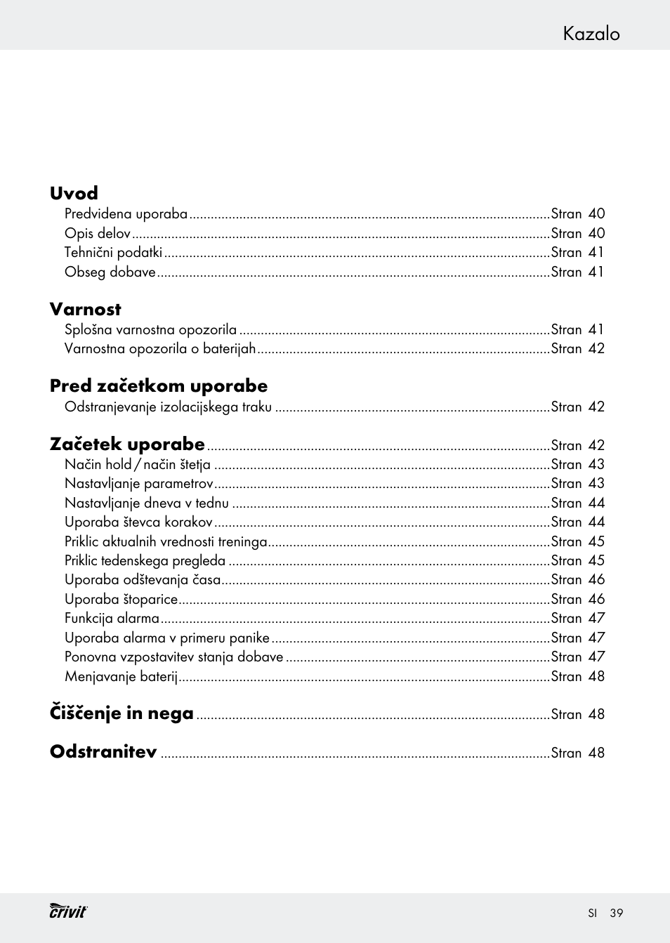 Kazalo | Crivit H14347 User Manual | Page 39 / 83