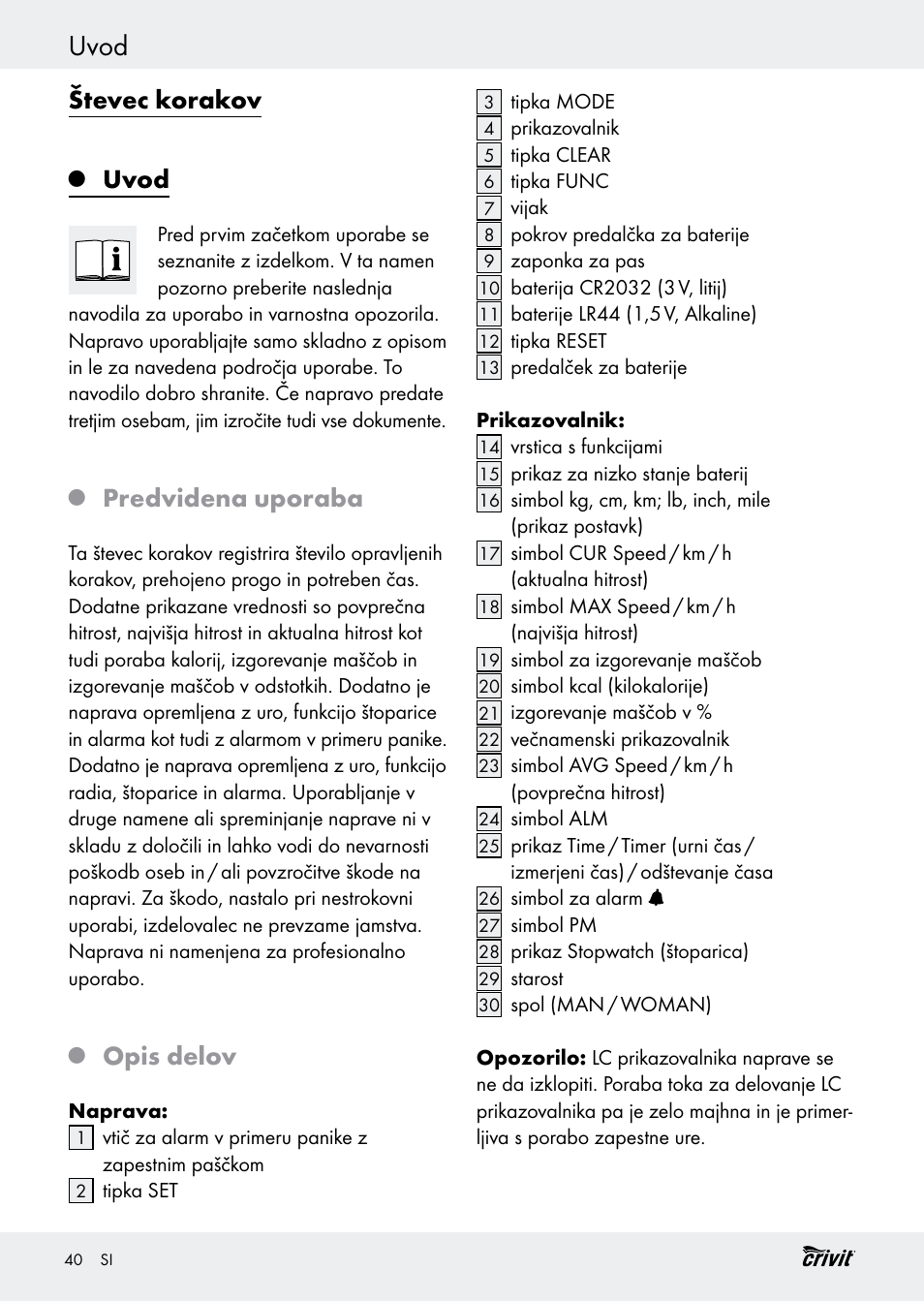 Uvod, Števec korakov, Predvidena uporaba | Opis delov | Crivit H14347 User Manual | Page 40 / 83