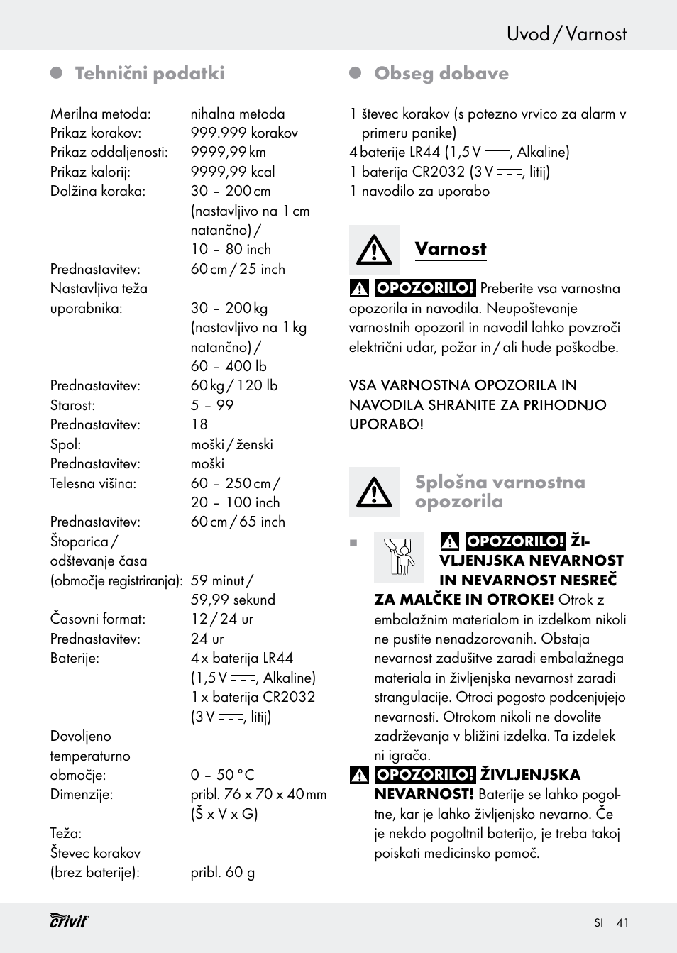 Uvod / varnost, Tehnični podatki, Obseg dobave | Varnost, Splošna varnostna opozorila | Crivit H14347 User Manual | Page 41 / 83