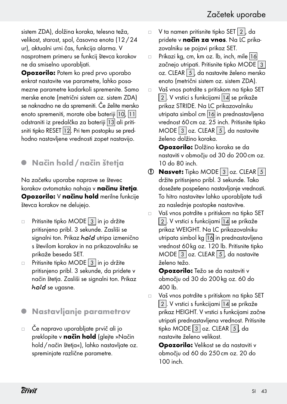Začetek uporabe, Način hold / način štetja, Nastavljanje parametrov | Crivit H14347 User Manual | Page 43 / 83