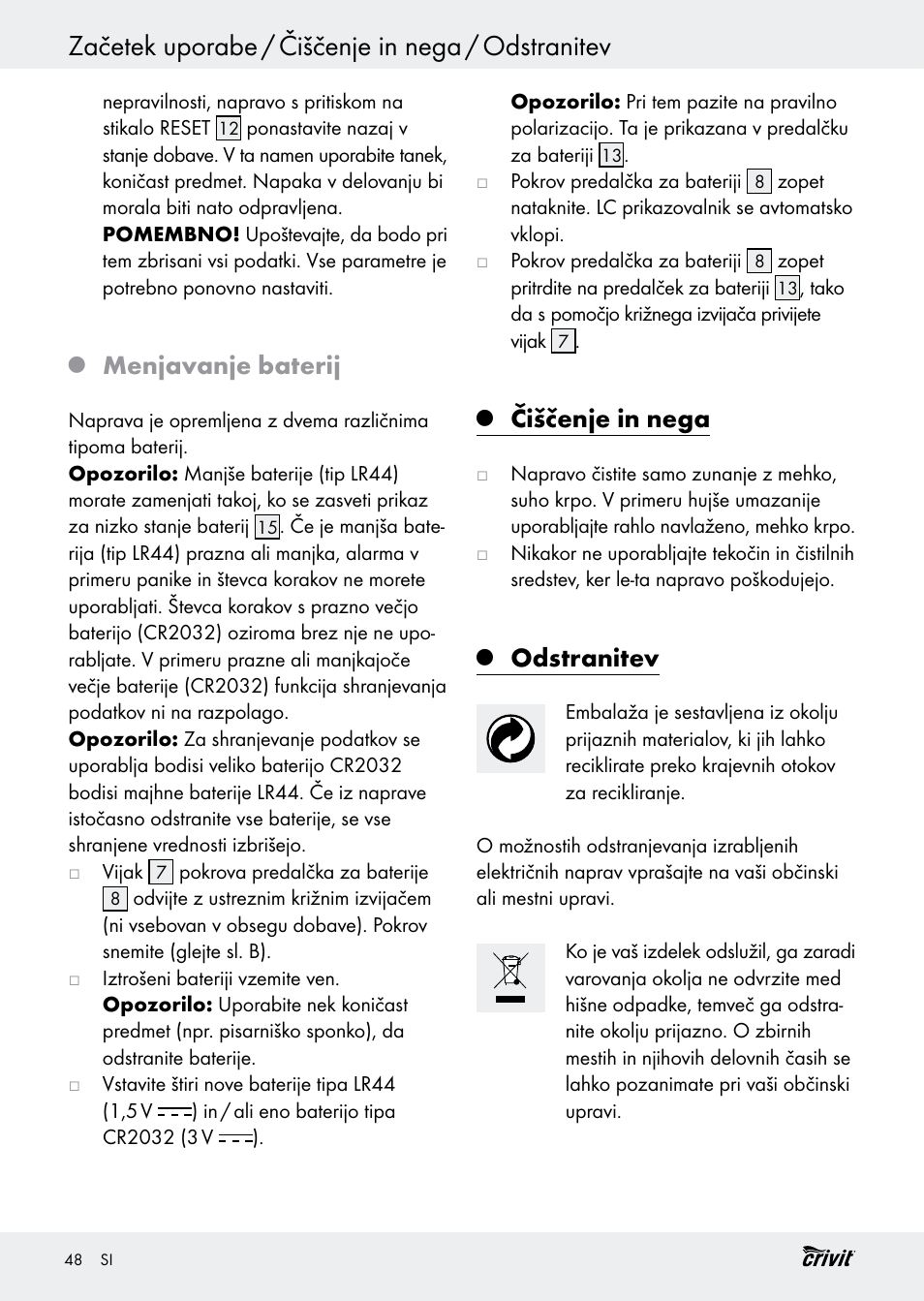 Začetek uporabe / čiščenje in nega / odstranitev, Menjavanje baterij, Čiščenje in nega | Odstranitev | Crivit H14347 User Manual | Page 48 / 83
