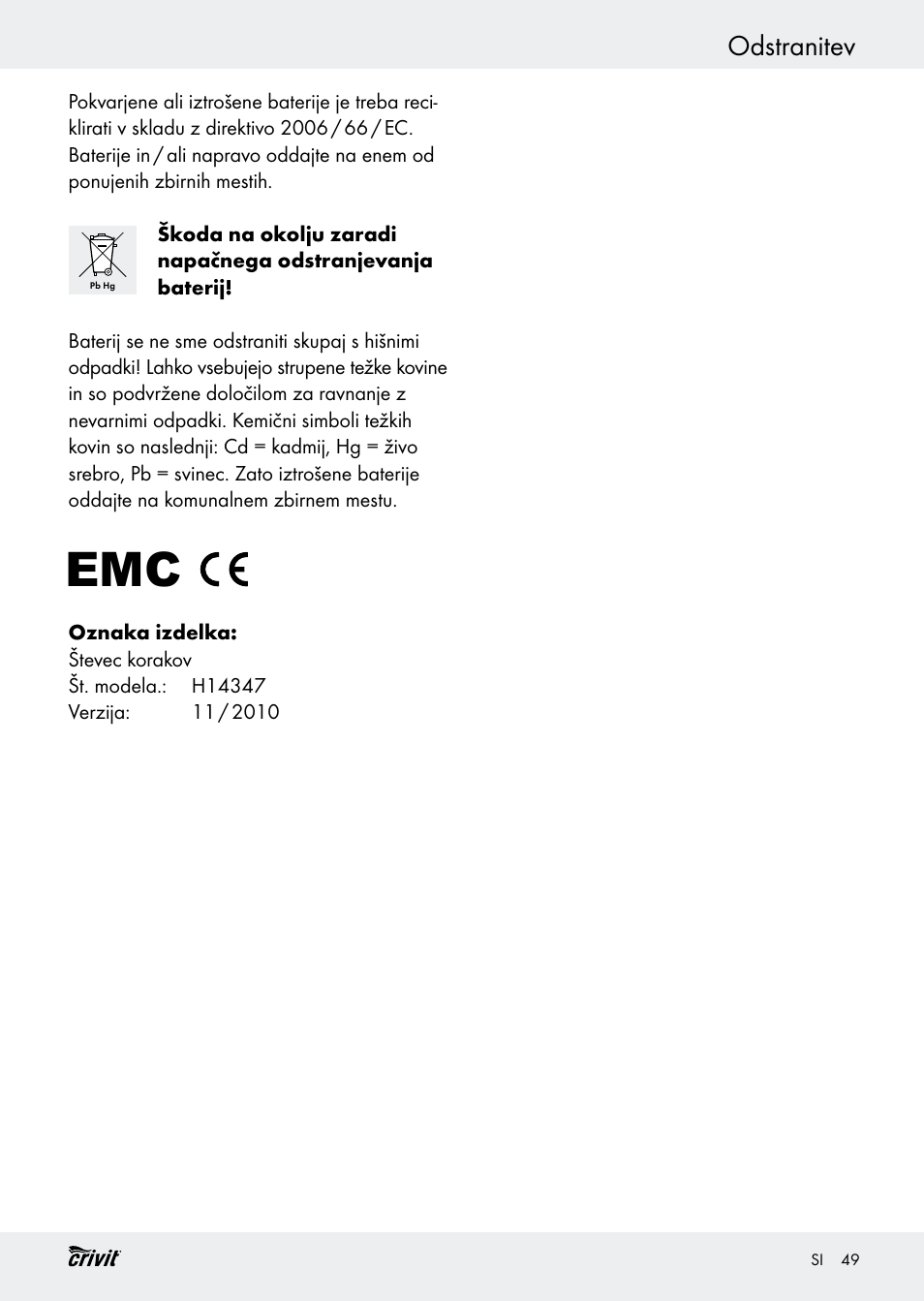 Odstranitev | Crivit H14347 User Manual | Page 49 / 83